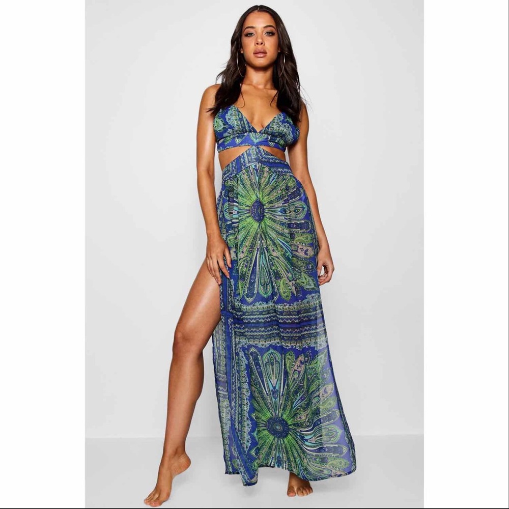 Scarf Print Cut Out Maxi Beach Dress